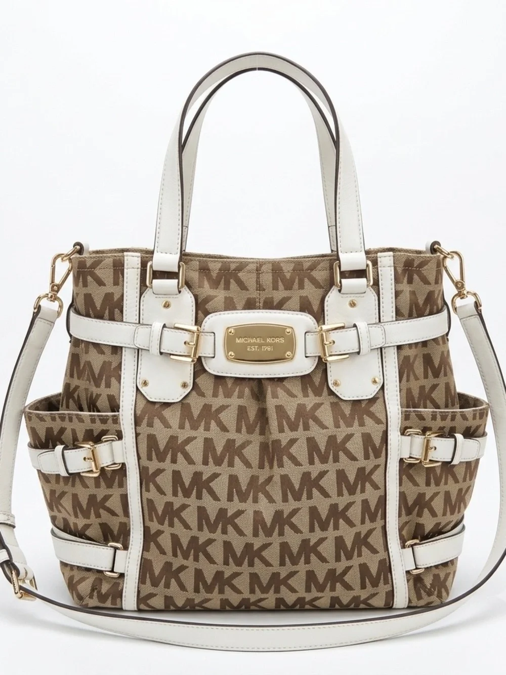 Michael Kors Gansevoort Satchel MK Logo Tote with White Trim and Gold Hardware